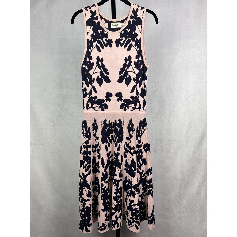 Eliza J Dress Womens S Pink Navy Floral Jacquard Sweater Knit Fit Flare Midi